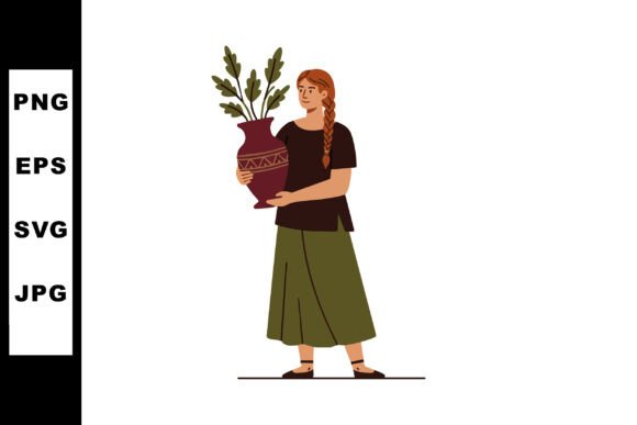 Woman Holding Decorative Vase with Green Graphics